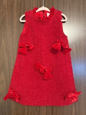 Girls' Festive Red Velvet Bow Shift Dress